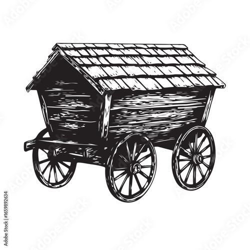 wagon house silhouette, Vintage wagon silhouette, Silhouette illustration of a vintage wagon house ,  
