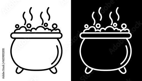 Boiling cauldron line icon with a bubbling magic potion. Witch's pot with steam, isolated vector graphic for Halloween on black and white