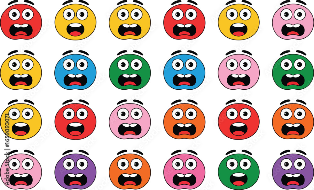 Obraz premium Collection of twenty colorful cartoon monster faces with big eyes and open mouths isolated on transparent background