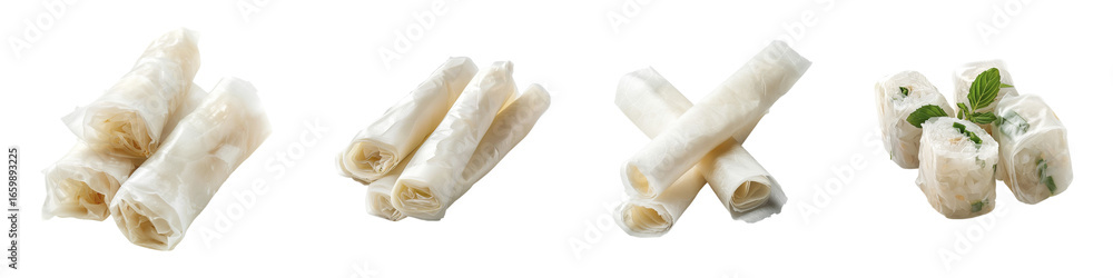 Obraz premium Assortment of fresh spring rolls in rice paper wrappers with herbs vegetables