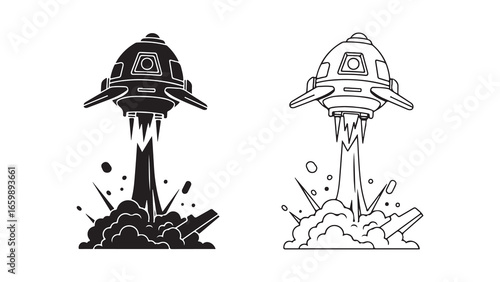 UFO spaceship taking off with smoke and debris
