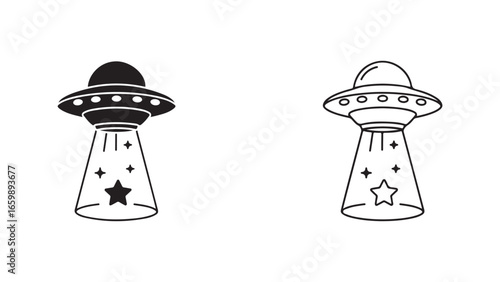 UFO icon with stars and beam, black and white