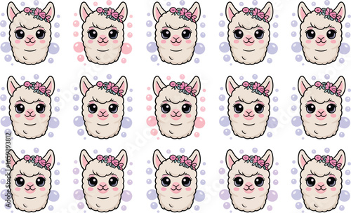 Whimsical llama faces with vibrant watercolor splashes isolated on transparent background