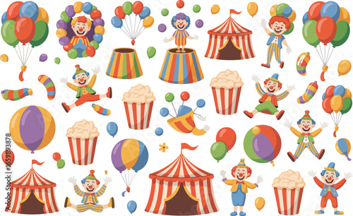Vibrant circus elements with clowns and tents isolated on transparent background