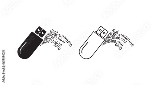 USB flash drive icons with binary code with transparent background