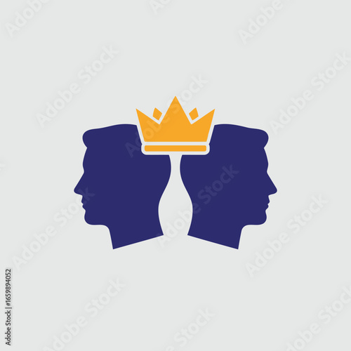 A logo of two heads sharing a crown, representing partnership, leadership, and excellence.