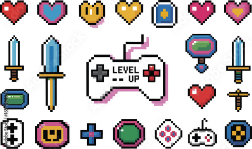 Pixel art video game icons and elements collection isolated on transparent background