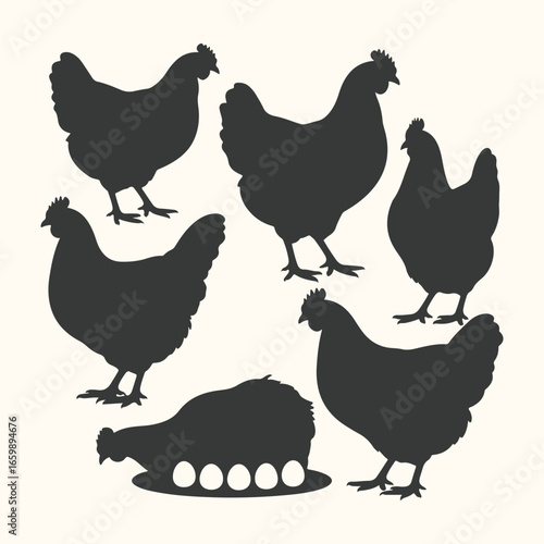 Set of hens, chickens, and chicks in a farm setting