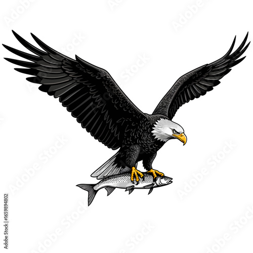 Majestic bald eagle in flight, talons gripping a freshly caught fish.