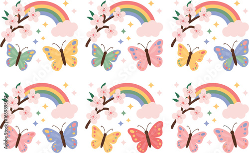 Whimsical rainbow and butterfly pattern with floral accents isolated on transparent background
