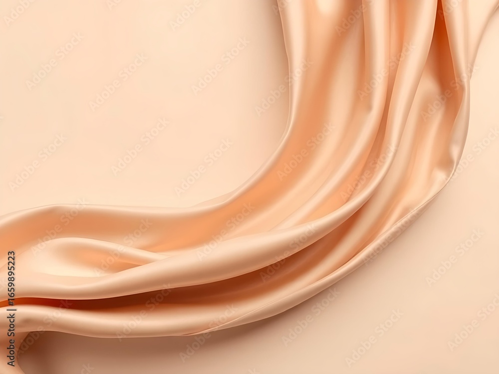 Obraz premium Abstract ripple of silky fabric stretching diagonally across smooth pastel beige background, elegant flowing folds with minimal design, soft texture, high quality detail, and clean modern composition