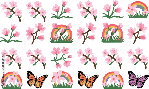 Whimsical spring collection of cherry blossoms butterflies and rainbows isolated on transparent background