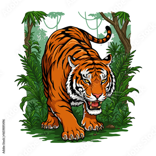Illustration of a Bengal tiger walking through a lush green jungle with trees, vines, and dense foliage.