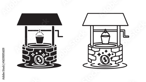 Wishing well with coin and rope for financial concept