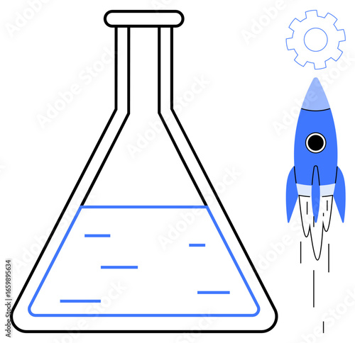 Laboratory flask with liquid, blue rocket launching beside gear. Ideal for research, innovation, technology, startup, creativity, progress experimentation. Simple flat metaphor