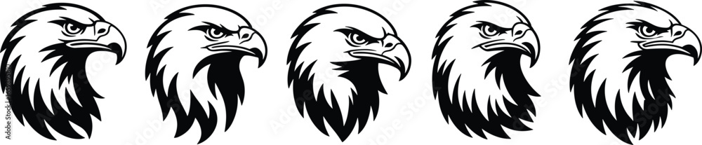 Fototapeta premium Fierce eagle head illustrations, bold graphic design, wildlife art, raptor symbolism, vector style, powerful bird, black and white, majestic creature, logo inspiration, nature emblem