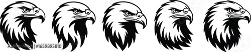 Fierce eagle head illustrations, bold graphic design, wildlife art, raptor symbolism, vector style, powerful bird, black and white, majestic creature, logo inspiration, nature emblem