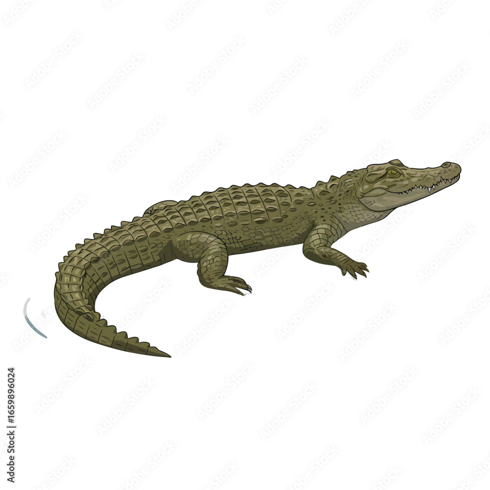 Naklejka premium Illustration of a green crocodile, depicted in a side view, with textured scales and a long tail.