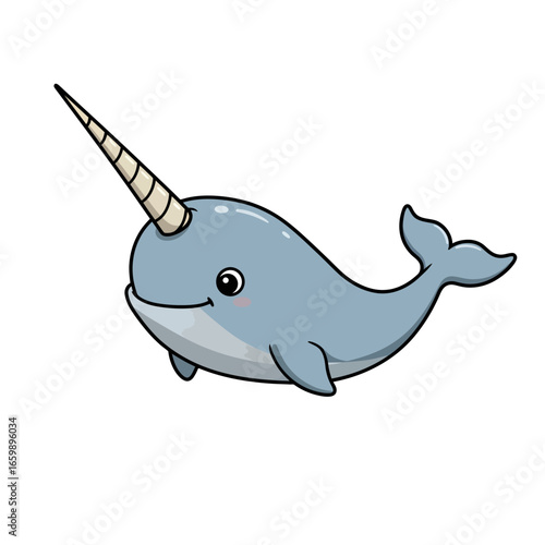 Cartoon illustration of a cute, smiling narwhal with a long tusk, isolated on a white background.