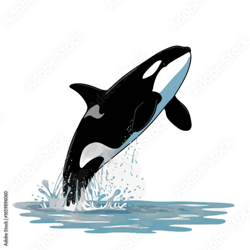 Illustration of a killer whale leaping out of the water, creating a splash, set against a plain white background.
