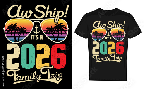 Vintage Family Cruise Trip 2026 Design with Dog Silhouette A retro style graphic for a family vacation featuring a cruise ship and a dog in