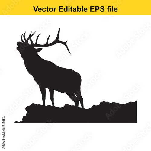 Silhouette of a roaring elk standing on a rock isolated on white background