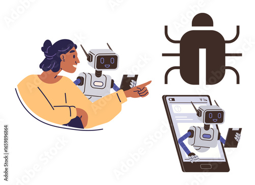 Woman interacting with robot assistant, app interface, and software bug. Ideal for AI, coding, programming, app development, tech problem-solving innovation and teamwork. Simple flat metaphor