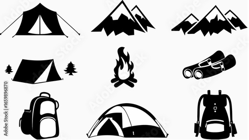 Illustration of camping elements including tents mountains campfire backpacks and rolled sleeping bags