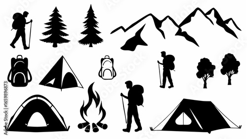 Silhouette illustration of camping scene with hikers tents mountains and campfire in black and white style