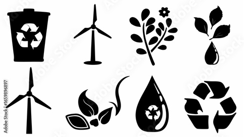 Illustration showing recycling bin, windmills, plants, and water droplet symbolizing environmental awareness