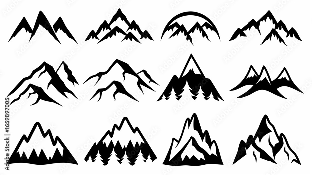 Fototapeta premium Collection of twelve stylized mountain range silhouettes in black and white vector format design graphic art