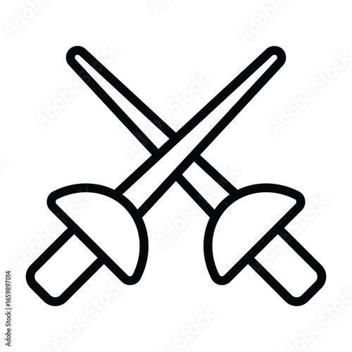 Black outline design of crossed fencing swords. Minimal and modern style suitable for combat, duel, and sports projects.