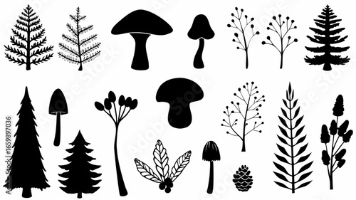 Illustration of various forest elements including trees mushrooms and plants in black and white style