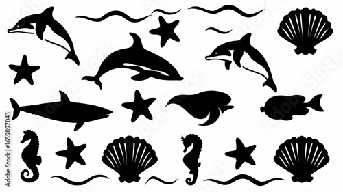 Silhouette illustration of sea creatures including dolphins, sharks, starfish, and seashells on white