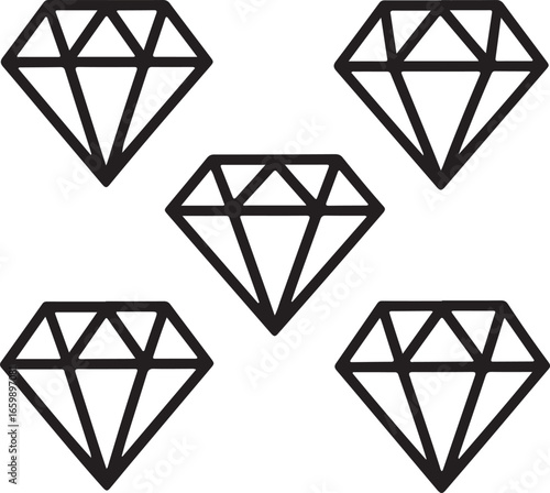 Geometric Diamond Outline Icons Set Faceted Gem, Brilliant Cut, and Minimal Crystal Shapes in Vector Style