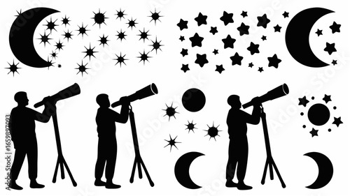 Silhouette of astronomers with telescopes observing moons and stars in the night sky illustration art