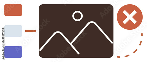 Brown placeholder image with mountains under a sun, surrounded by color palette, dashed arrow, and close button. Ideal for file management, upload failure, content error, troubleshooting, design