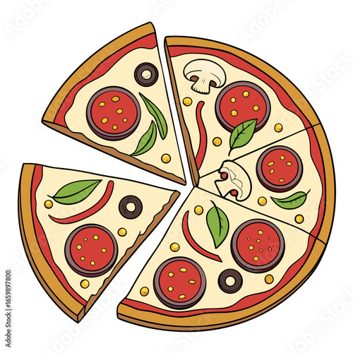 Delicious pizza with pepperoni, olives, mushrooms and basil