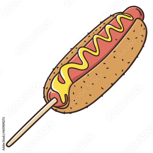 A hotdog on a stick with mustard illustration