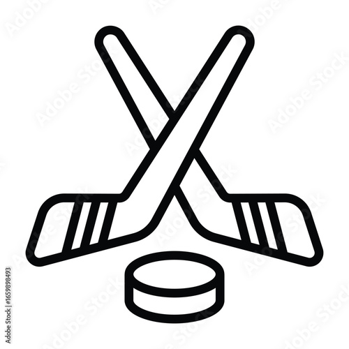 Black line illustration of crossed hockey sticks with puck. Clean minimal style for sports, competition, and winter game themed projects.
