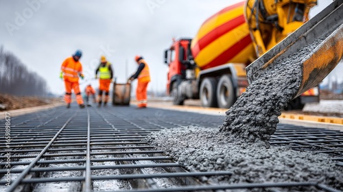 Construction workers pouring concrete over rebar on road construction site