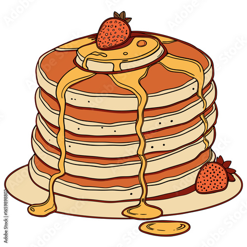 Stack of pancakes with strawberries and syrup