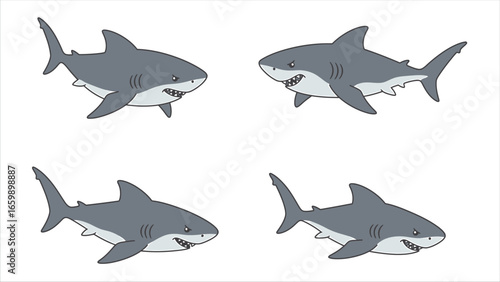 Cartoon Shark Illustrations Four Angles, Great White Shark Clipart