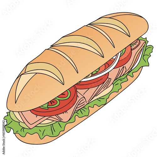 Illustration of a delicious sandwich with ham, lettuce, and tomatoes