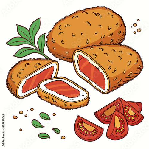 Illustration of cordon bleu with tomato and herbs