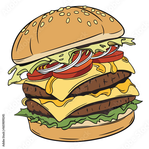 Double cheeseburger with lettuce, tomato, onion