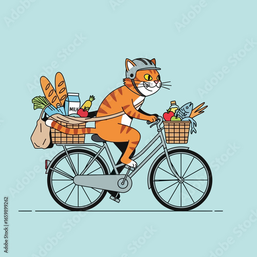 Cat wearing clothes rides bicycle carrying groceries and bread.