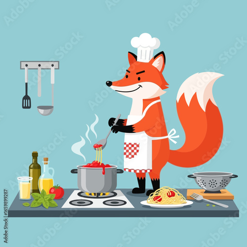 Fox in chef hat cooking in a kitchen.