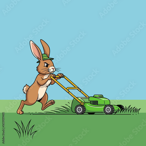Cartoon rabbit mowing a green lawn under a blue sky.