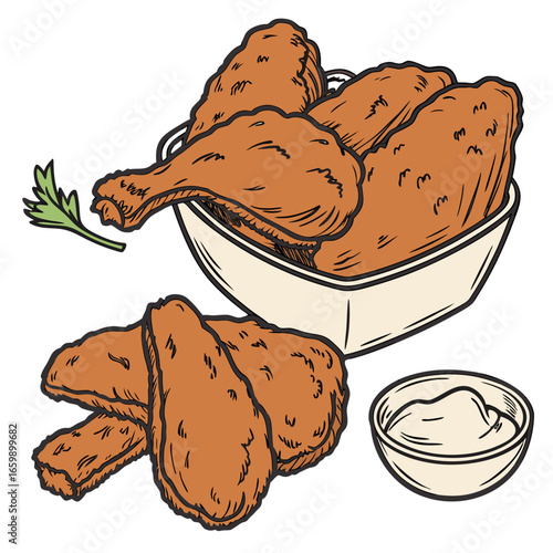 Crispy fried chicken drumsticks and wings with sauce